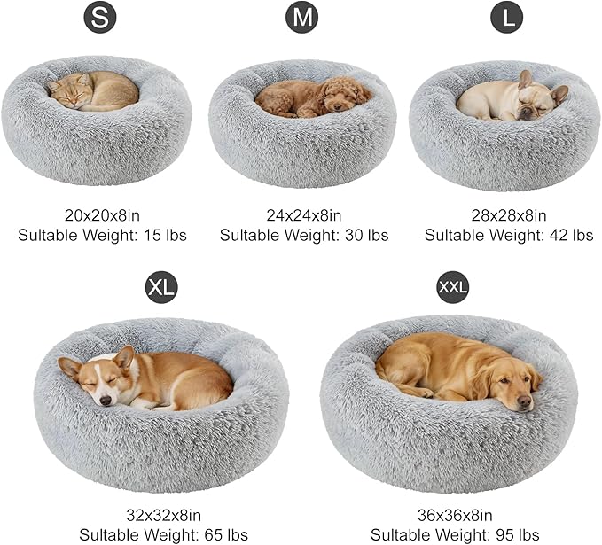 Dog Calming Beds for Small Medium Large Dogs - Round Donut Washable Puppy Dog Bed, Anti-Slip Faux Fur Fluffy Donut Cuddle Anxiety Cat Pet Bed(Light Grey 20")