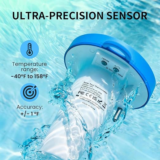 Pool Thermometer Floating, Digital Swimming Pool Thermometer, IPX8 Waterproof with Double Sided Display for Pond, Hot Tub, Aquarium (Solar Powered, Dark Blue)