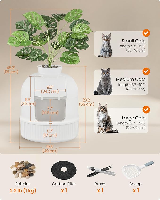Feandrea Plant Cat Litter Box Enclosure with Artificial Plant, Enclosed Hidden Litter Box Furniture with Door, Carbon Filter, Odor Control, Pebbles, Scoop, Brush, Cloud White UPPT006W101