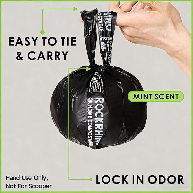 Ultra Thick RockRhino Dog Poop Bags - ECO Heavy Duty, Multi-Layer Bottom, 0% Plastic, 100% Home Compostable, Mint-Scented, Easy Open Tie Handles, Glove-Like Fit - 120 Bags