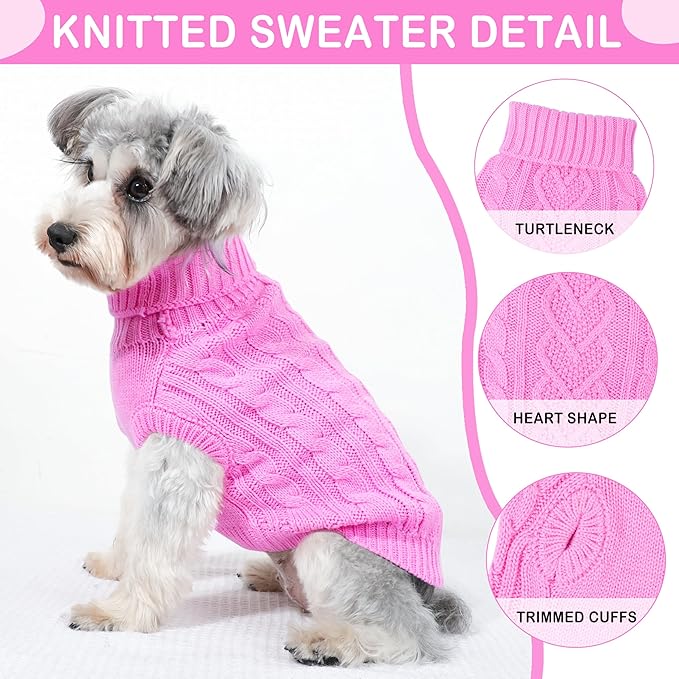 Dog Sweaters for Small Dogs Small Dog Clothes for Winter Solid Knitted Puppy Clothes Warm Turtleneck Doggy Coat Pullover Pet Cat Sweater with Heart-Shape Design(Pink, X-Small)