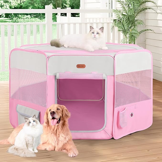 Seiyierr Dog Playpen, Portable Pet Playpen, Puppy Playpen, Cat Playpen with Carrying Case, Dog Playpen for Small Dogs Indoor/Outdoor, Removable Mesh Shade Cover, Pink XL