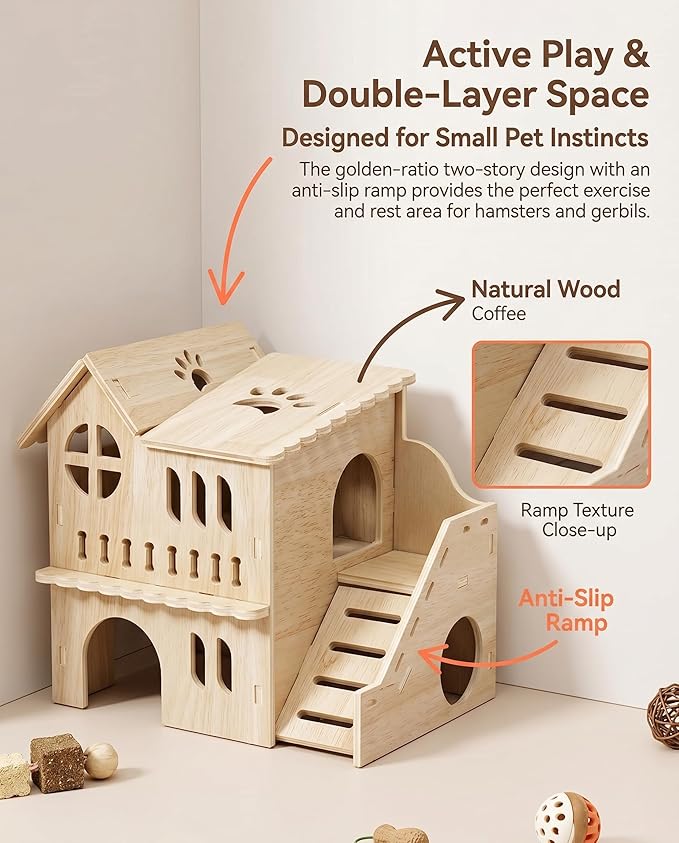 Large Hamster House & Gerbil Hideout – 8.5" Double-Decker Wooden Maze Hut w/Fun Slide | Multi-Level Gerbil House for Dwarf Hamsters, Mice, Rats & Small Animals ﻿