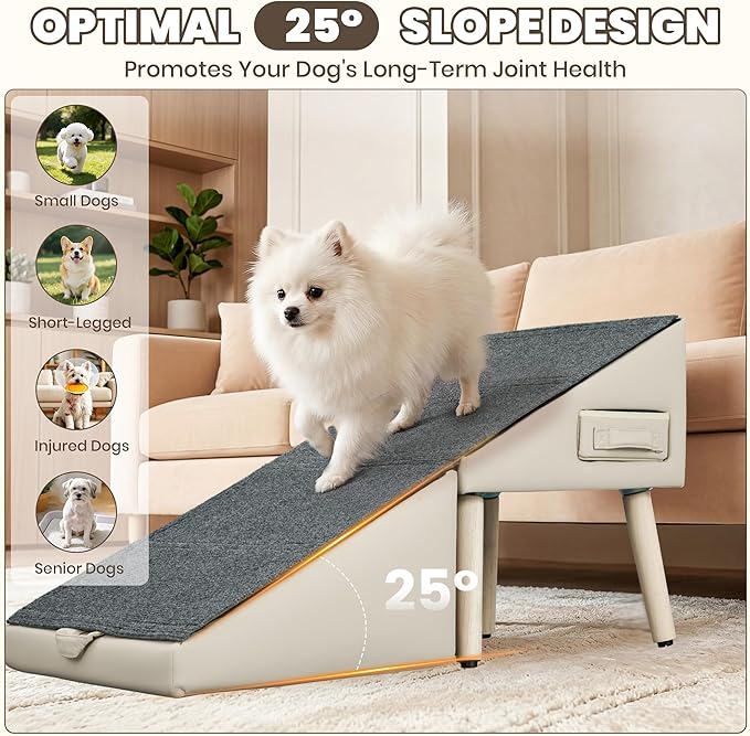 Dog Ramp for Couch and Bed, 17" H Stairs for Small to Medium Dogs and Cats Foldable Steps for Pets to Get on High Bed, Non-Slip Sturdy Ottoman Ramp with Storage Drawer, Beige