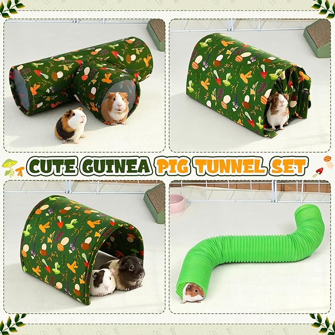 Geelin 5 Pcs Guinea Pig Tunnel Rat Hideout Guinea Pig Hideout 3 Way Ferret Tunnel Rabbit Bed with Curtains Plush Mat Hangable Washable Cage Accessories Bunny House Toys for Small Animal