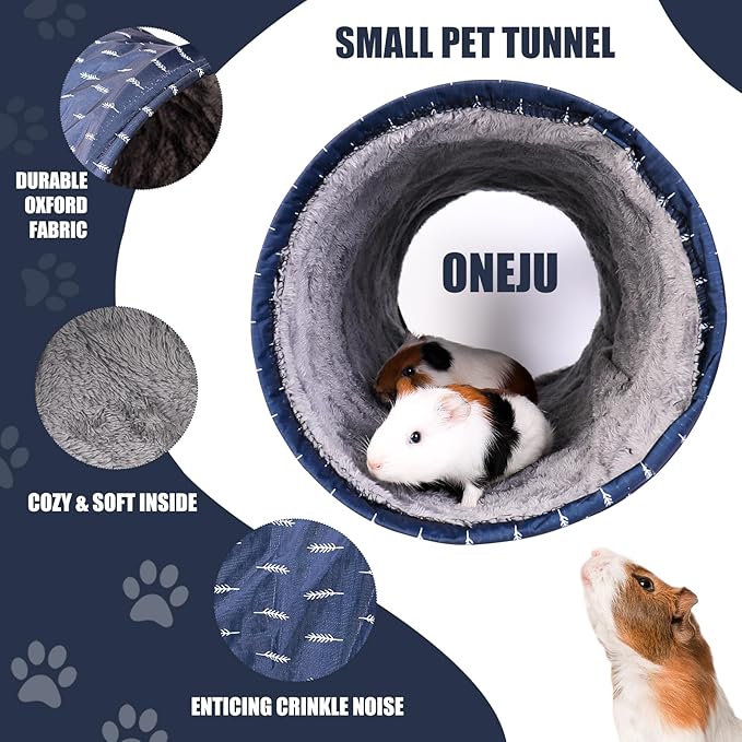 Rabbit Tunnel - Guinea Pig Tunnel, Guinea Pig Tube, 2-Way Small Pet Play Tube, Folds Flat for Storage, Ideal for Adult Small Pets, Dark Blue, Leaf Pattern