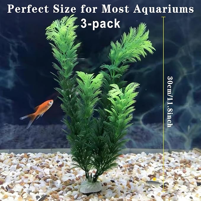 LIYAOLI Aquarium Artificial Plants 12 Inch 3Pack - Tall Realistic Fish Tank Plants Decor with Stable Base, Soft Leaves for Betta, Guppy, Shrimp & Tropical Fish, Aquascape Decoration for Silk Aquarium