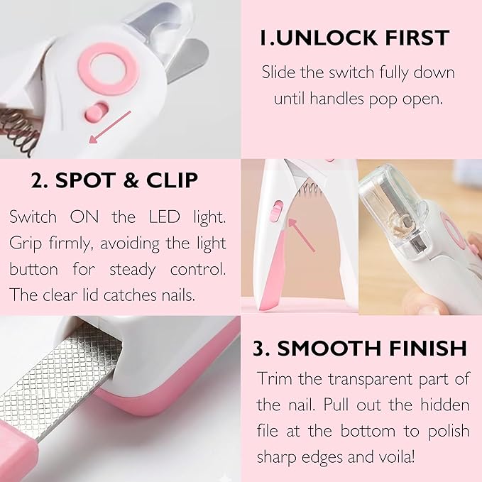 4-in-1 Dog Nail Clippers with Light - Safe Pet Nail Trimmer for Dogs & Cats, All Breeds - Sharp Stainless Steel Blades, Nail Catcher & File for Easy Home Grooming