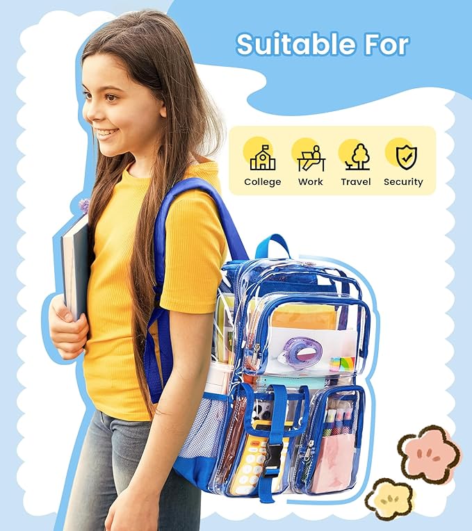 Vorspack Clear Backpack for School - Heavy Duty Transparent Bookbag for Girls Boys Large See Through backpacks for Work, College, Travel - Blue