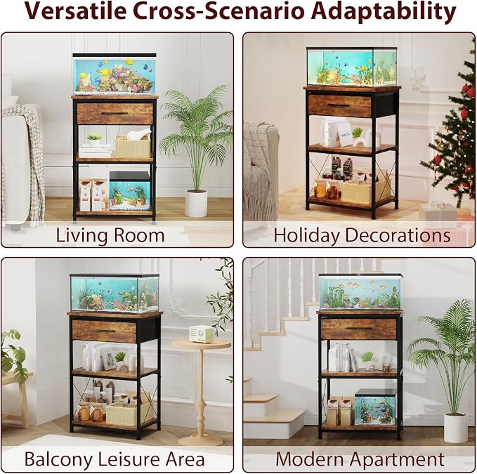 5-10 Gallon Fish Tank Stand with Adjustable Height and Drawer, Brown | Heavy duty metal frame holds up to 220 pounds with a lower shelf for a second aquarium, turtle tank or reptile terrarium