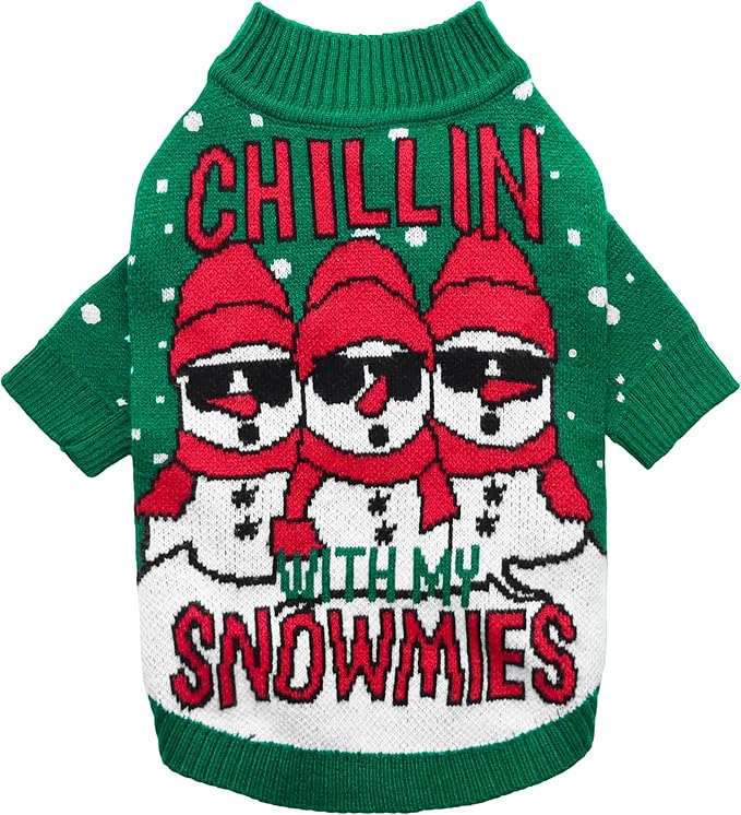 Fitwarm Chillin with My Snowmies Dog Ugly Christmas Sweater, Winter Dog Clothes for Small Dogs Girl Boy, Pet Holiday Sweatshirt, Xmas Snowman Outfit, Green, Red, White, Small