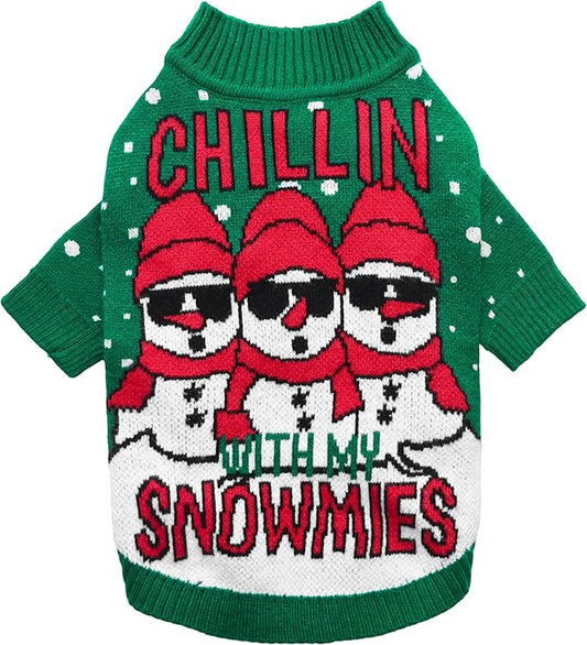 Fitwarm Chillin with My Snowmies Dog Ugly Christmas Sweater, Winter Dog Clothes for Small Dogs Girl Boy, Pet Holiday Sweatshirt, Xmas Snowman Outfit, Red, White, Large