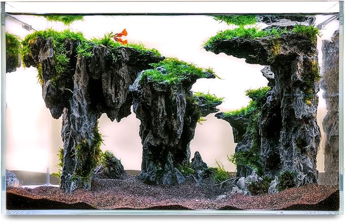 Allcolor Aquarium Rock Decor, 4-Piece Cave of Gods Aquascape, 16-20 in | Four adjustable rock modules form a towering cave landscape with layered passages and ledges.