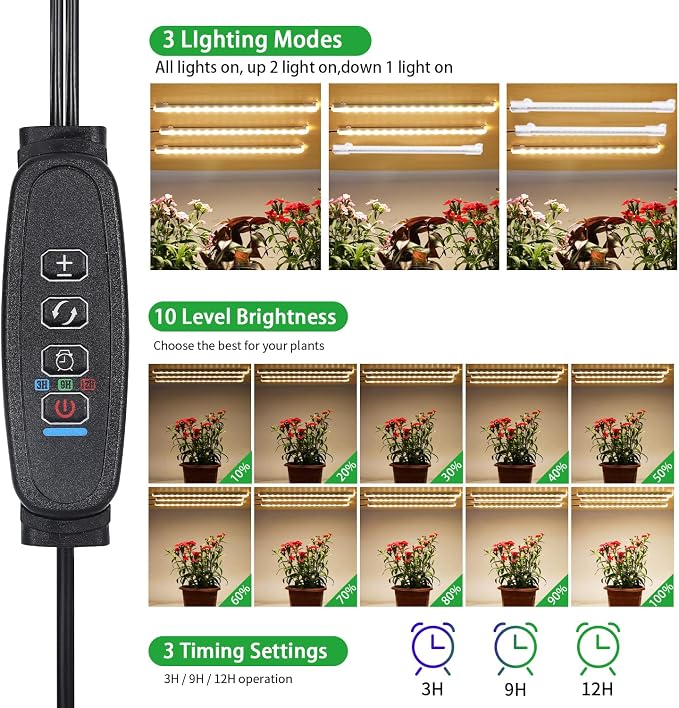 10.2'' 3 Head Grow Light Strips, LED Grow Lamps for Indoor Plants, Full Spectrum 3000K, Plant Light with 3/9/12H Timer, 10 Dimmable Levels for Seedling Succulent, Match for Plant Shelf