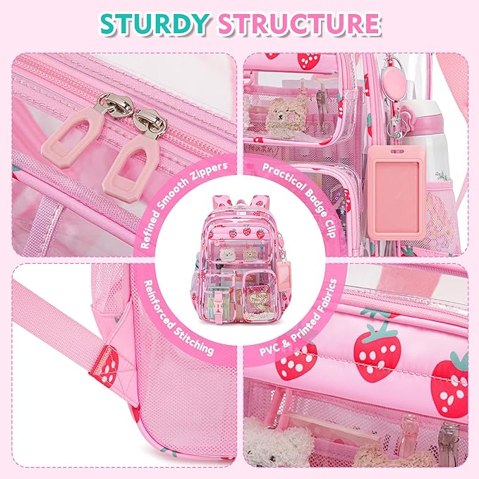 Clear Backpack for School,Transparent Backpack Stadium Events,Heavy Duty Clear Bookbag for Girls,Boys,Work,Sport Pink Strawberry