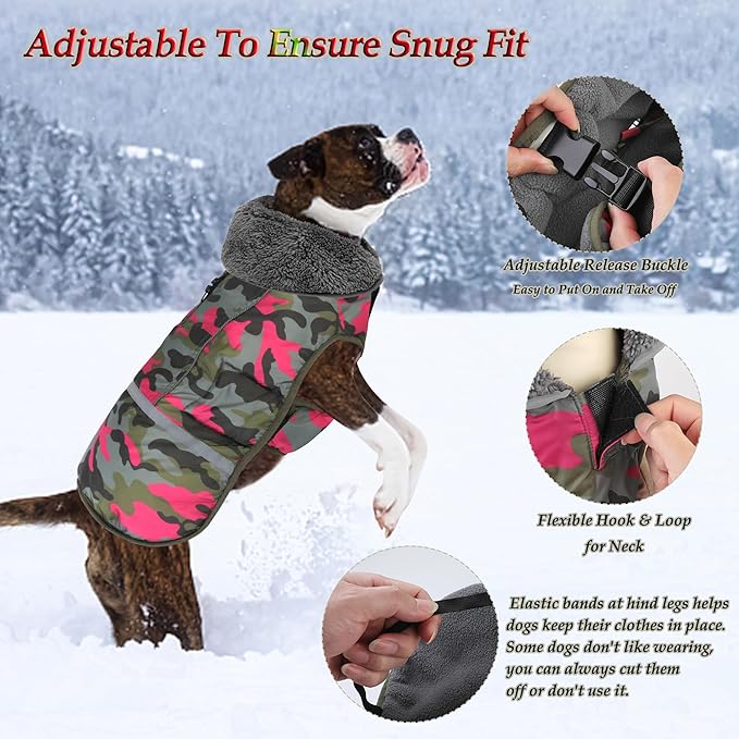 Dogcheer Warm Dog Coat, Waterproof Dog Jacket Reflective Adjustable Puppy Winter Coat with Buckle, Christmas Pet Snow Jacket Turtleneck Fleece Sweater for Small Medium Large Dogs - Camo Pink, S