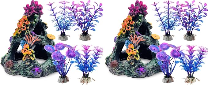 GSD Aquarium Colorful Coral Reef Set Fish Tank Decoration Mountain Ornament for Aquarium Environments Decor Accessories, Coral Mountain x 1, Aquatic Plant x 4 (Pack of 2)