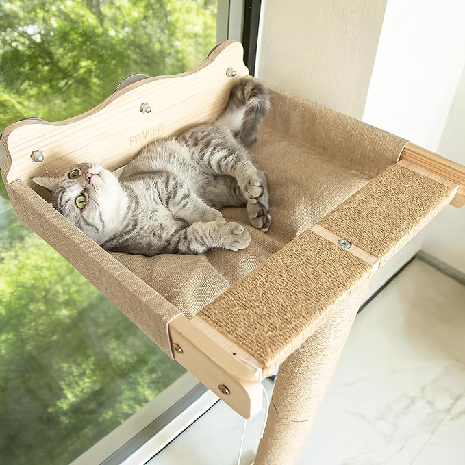 Cat Window Perch Hammock with 3-Piece Detachable Sisal Scratching Posts, Drill-Free Suction Cup Mount, Multi-Level Climbing Perch for Bird Watching, 45 LBS Capacity
