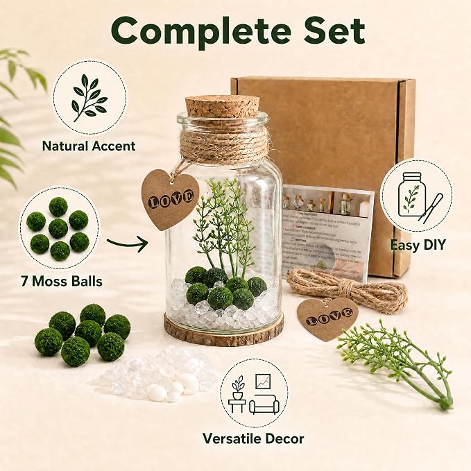Moss Balls Glass Terrarium Kit - 7 Pcs Glass Terrarium Decor with White Crystal, DIY Aquarium and Home Decor for Desk and Room Styling