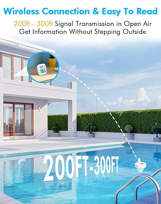 Pool Thermometer Floating Easy Read, IPX8 Waterproof Wireless Digital Thermometer with Indoor Thermometers for Swimming Pool, Spa, Aquarium, Cold Plunge, Hot Tub, Pond