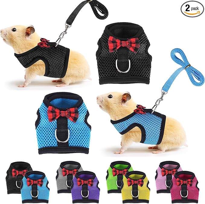 Guinea Pig Harness and Leash, Guinea Pigs Harness, Guinea Pig Leash, Hamster Harness can be Adjusted to Any Size Soft Mesh Harness Leash with Bow for Decoration (2packs)