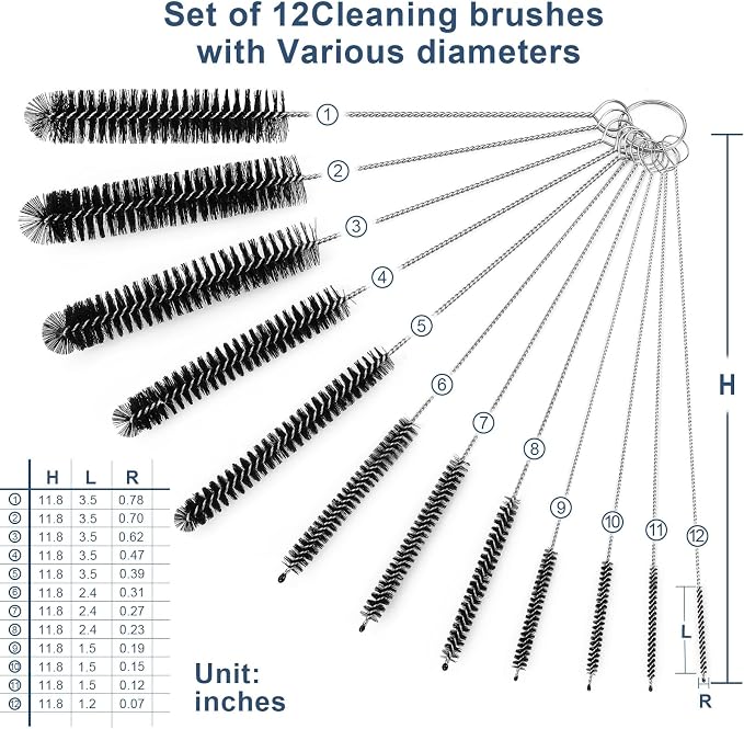 Ixiaoyoo Straw Cleaner Brush Set, 12 Pieces Botthle Cleaning Brush and Nylon Tube Brush Brush, 11.8 Inch Long Cleaning Brush Kit for Water Bottle, Straws on Tumbler, Sippy Cup, Tea Pot Spout | Black Straw Cleaner Brushes for Tumbler, Sippy Cup, Water B...