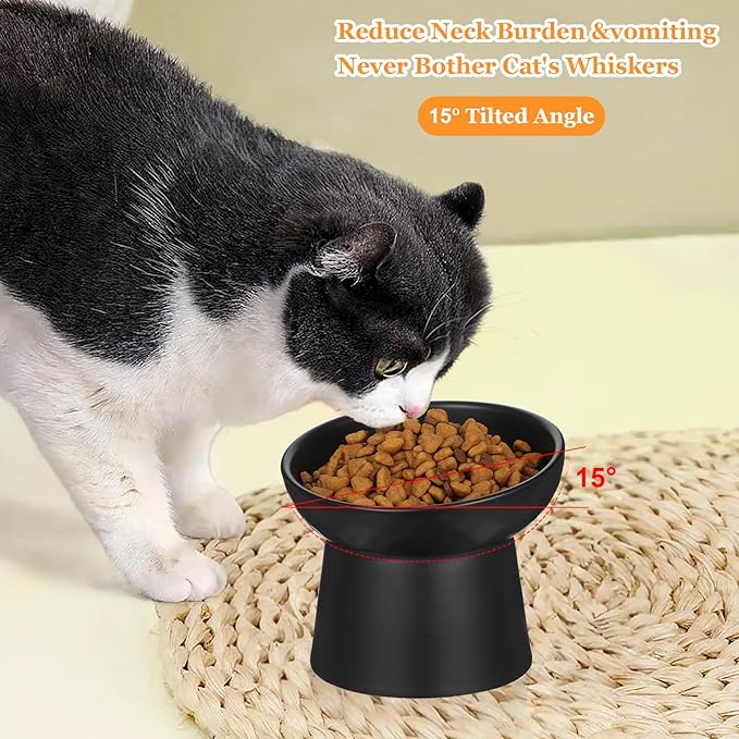 2PCS Anti-Tip Ceramic Pet Slanted Bowls – Elevated Tilted Cat Food & Water Bowls Set, Non-Slip Stress-Free Feeder for Cats & Small Dogs, Dishwasher and Microwave Safe (Black)