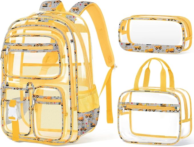 Fimibuke Clear Backpack for Boys, 3PCS Heavy Duty PVC Transparent Boys Backpack with Lunch Box & Pencil Case, School Stadium Event Approved Toddler School Bookbag for Preschool Kindergarten Elementary