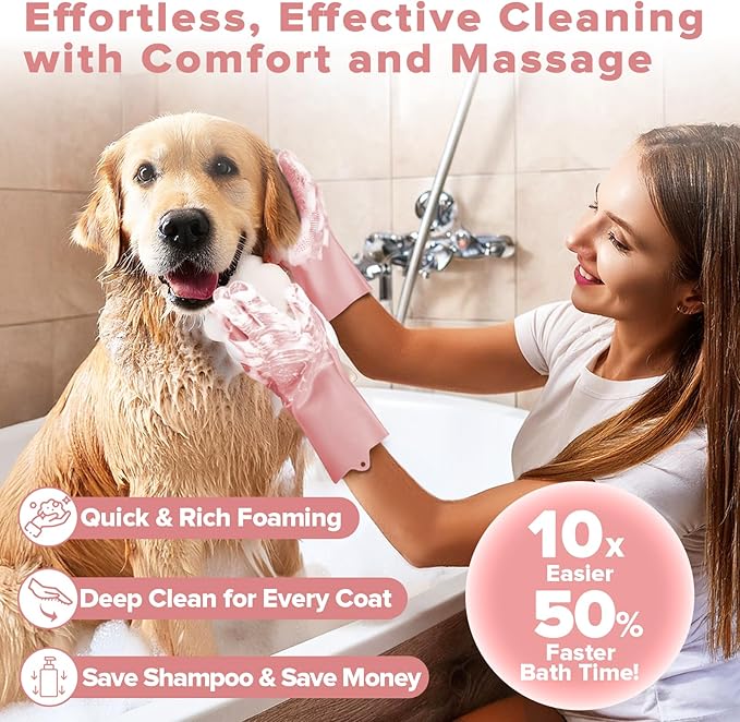 Augwind 6PCS Pet Grooming Kit for Dogs, Cats and Horses | Dog Washing Gloves | Cleanroom Gloves | Dog Bath Brush | Dog Bath Gloves | Dog Shampoo Brush | Dog Bath Supplies (Light Pink)