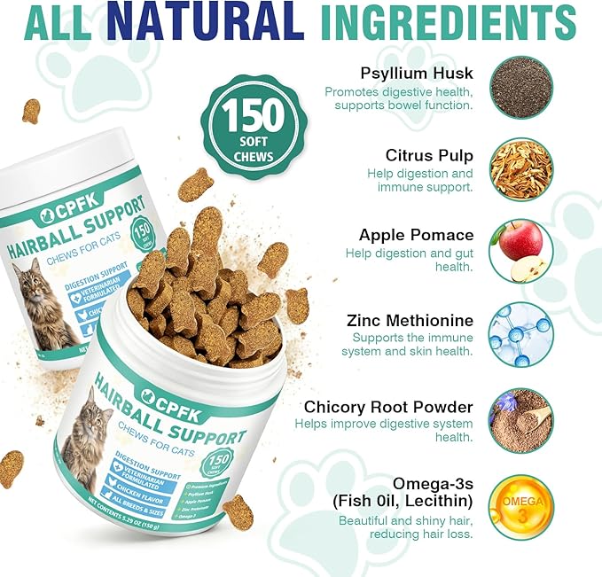 Cat Hairball Remedy Treats, 150 Soft Chews Cat Hair Ball Treatment Furball Control Relief Helps Eliminate and Prevent Hairballs for Indoor Cats Supports Skin and Coat Digestion Chicken Flavor