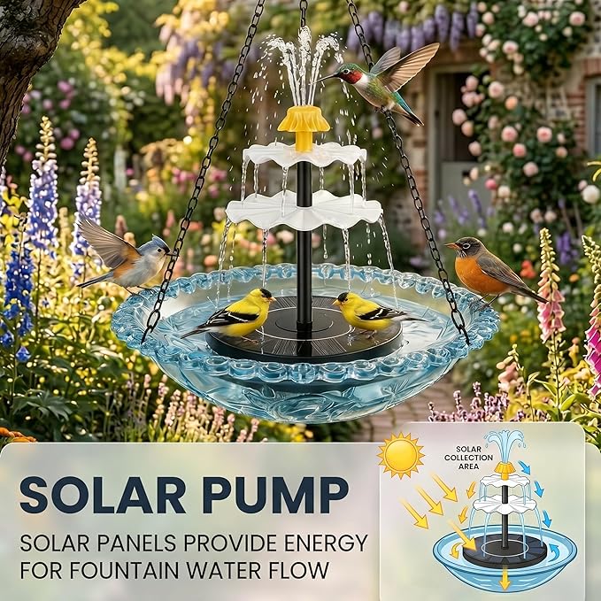 Solar Cascade Hanging Bird Bath Fountain, Solar Fountain Pump with 8 Nozzles, Hanging Bird Bath with Water for Outdoors Garden Patio Backyard Lawn Decor (Blue)