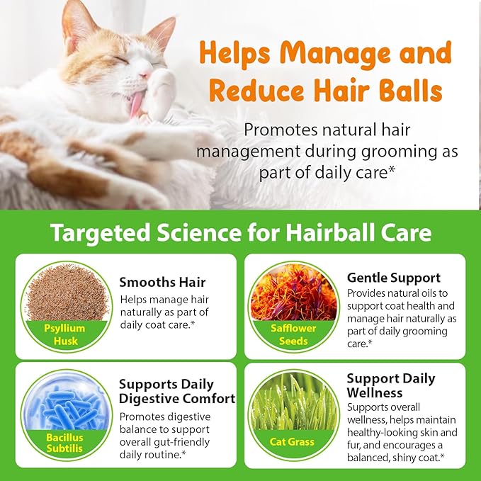 Hairball Relief for Cats, Natural Cat Hairball Treatment with Natural Ingredients & Vitamins - Kitten Furball Treatment, Supports Skin & Coat, Digestion, Immune Support for All Cats (2)