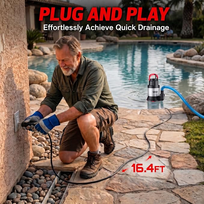 TOPWAY Submersible Water Pump, 1-1/4 HP 4600 GPH Stainless Steel Sump Pump with Filter Base, Electric Portable Water Pump with 16.4ft Cord for Swimming Pool, Hot Tub, Garden Pond, Basement Draining