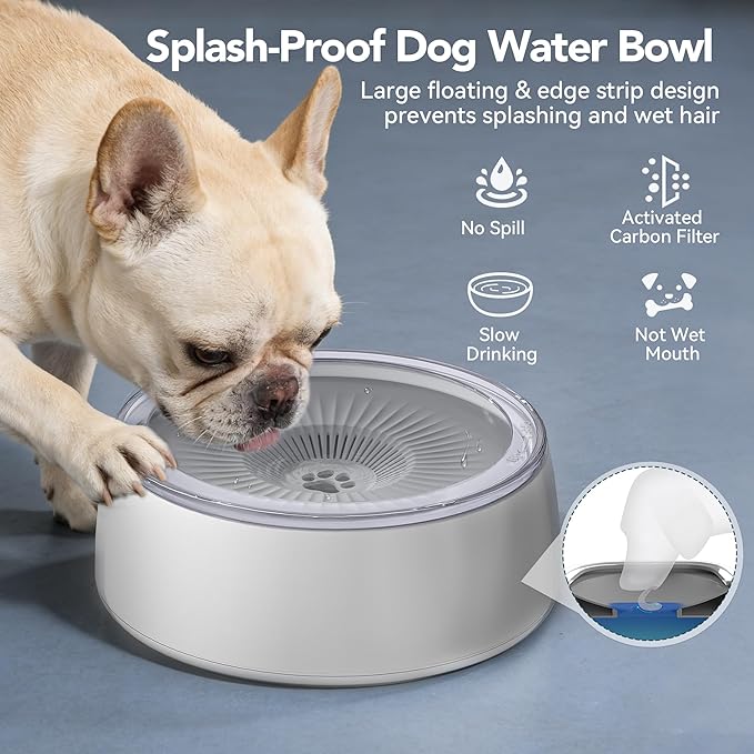 Newget 3L No Spill Dog Water Bowl (101oz) – Slow Drinking Pet Bowl with Replaceable Filter & Slow Feeder Mat, Splash Proof Travel Bowl for Large Dogs Cats, Car & Home Use – Grey