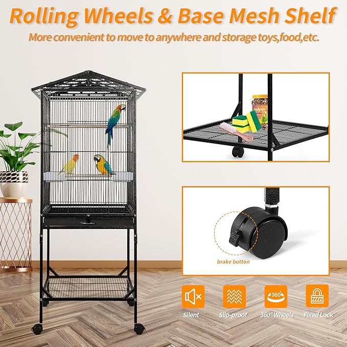 WeGear Bird Cage 47 inch Wrought Iron Parakeets Cage with Play Open Top and Rolling Stand Medium Small Bird Cage for Parrots, Budgerigars, Parakeets, Cockatiels, Lovebirds