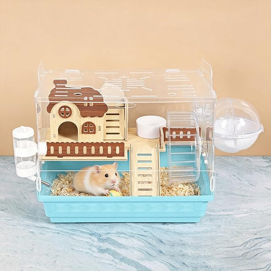 Hamster Cage Acrylic Hamster Habitats 360°Panoramic View Small Animal Cage for Rat Mice Dwarf Hamster, Gerbils, 13.3" L x 10.2" W x 12.4" H Hamster House with Water Bottle, Wheel, Hideout, Platform