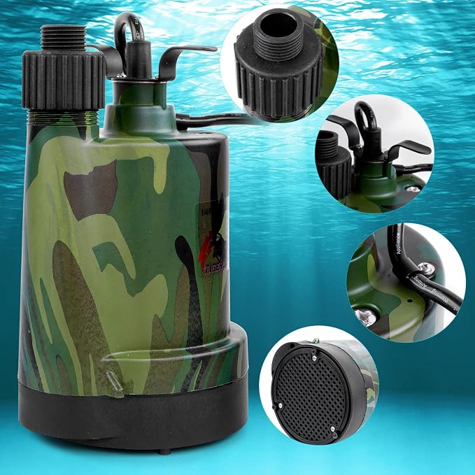TIGEROAR 120V Submersible Pump 1/4 HP Water Transfer Pump 1800 GPH | Electric Pond Pool Pump Utility Pump with 10 ft. Cord Anticorrosive Plastic Housing and Hose Adapter for Transferring Water