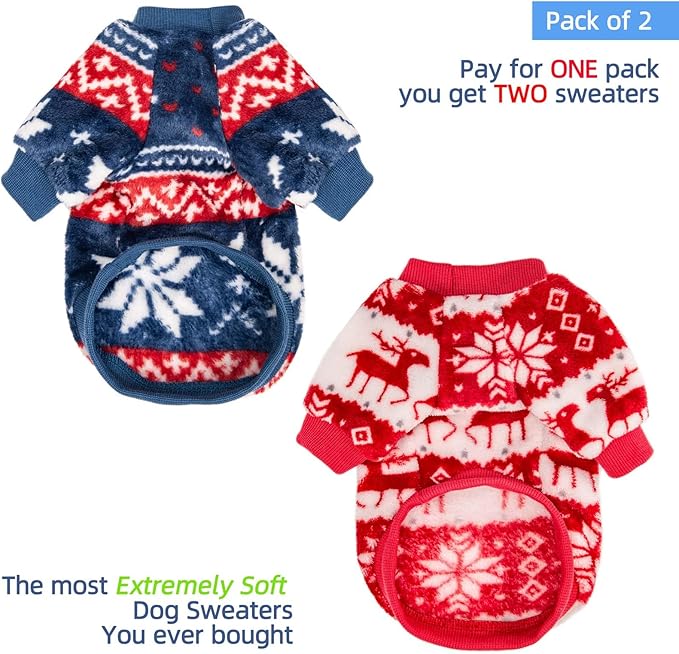 FabriCastle Christmas Dog Sweater, 2-Pack Dog Clothes, Ultra Soft and Warm Pet Jackets for Small Dogs & Cats, Winter Pet Apparel Costumes, Puppy Outfits (Red,Blue, Medium)