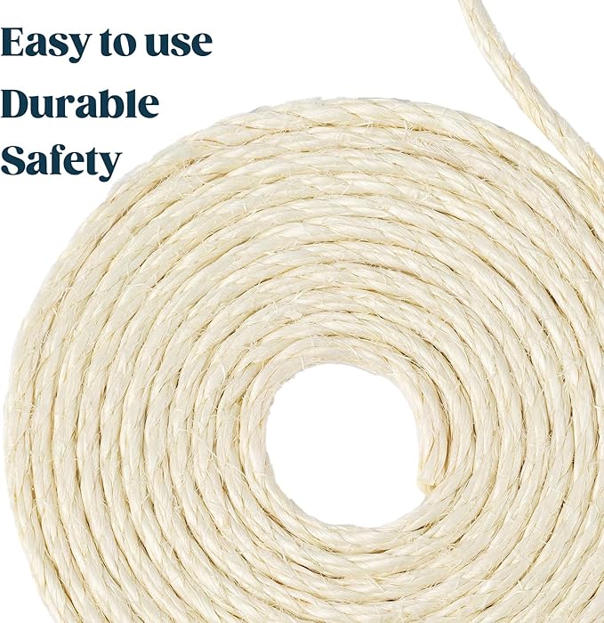 Pelzin Natural Sisal Rope for Cat Scratcher - 1/4 Inch by 100 Feet, Cat Tree Rope Twine for Scratching Post Replacement, Repairing and DIY, White