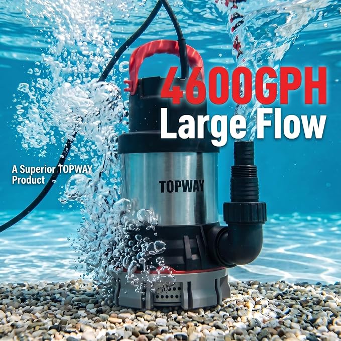 TOPWAY Submersible Water Pump, 1-1/4 HP 4600 GPH Stainless Steel Sump Pump with Filter Base, Electric Portable Water Pump with 16.4ft Cord for Swimming Pool, Hot Tub, Garden Pond, Basement Draining