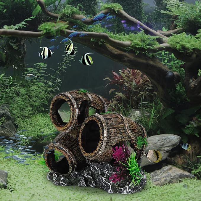 Aquarium Decorations Three Stacked Broken Barrels Fish Tank Decoration Ornament Landscaping Over Rocks Cave Saltwater Freshwater Small & Medium Fish Garden Pond Ornaments Resin