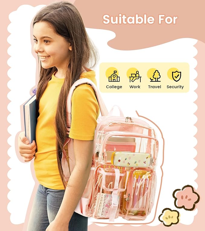 Vorspack Clear Backpack for School - Heavy Duty Transparent Bookbag for Girls Boys Extra Large See Through backpacks for Work, College, Travel - Pink