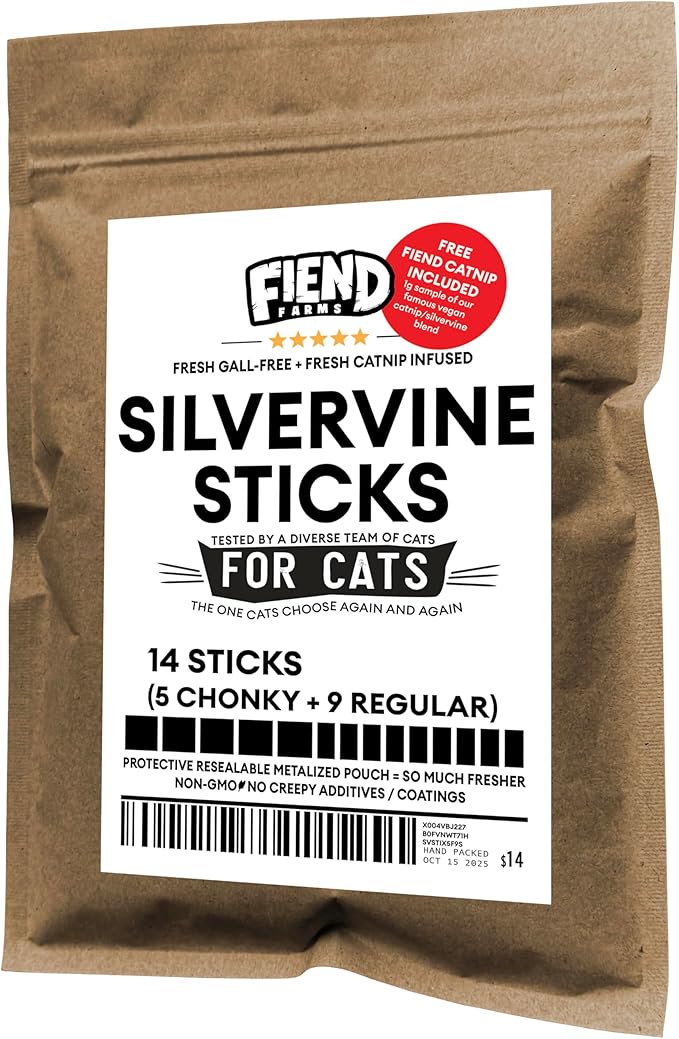 Fiend Silvervine Sticks for Cats – Real Dried Silver Vine + Catnip Infused – 14 Count (5 Chonky + 9 Regular) Toys Made By Nature for Play Instincts and Shenanigans - Create a Monster