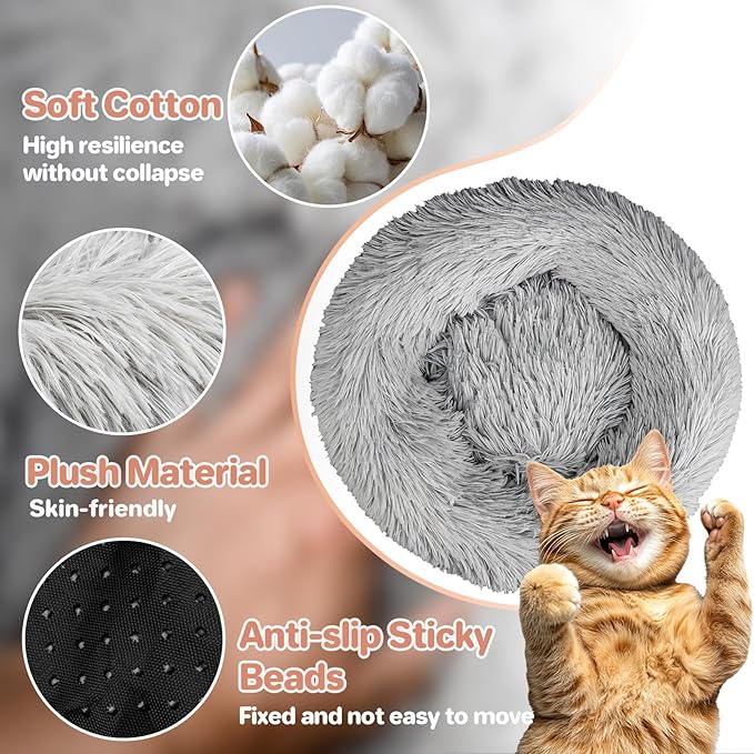 RAINFLOW Cat Bed - Calming Cat Bed for Small Kittens Donut Washable Round for Indoor Kittens and Puppies, Anti-Slip Round Fluffy Plush Faux Fur, Medium, Light Grey