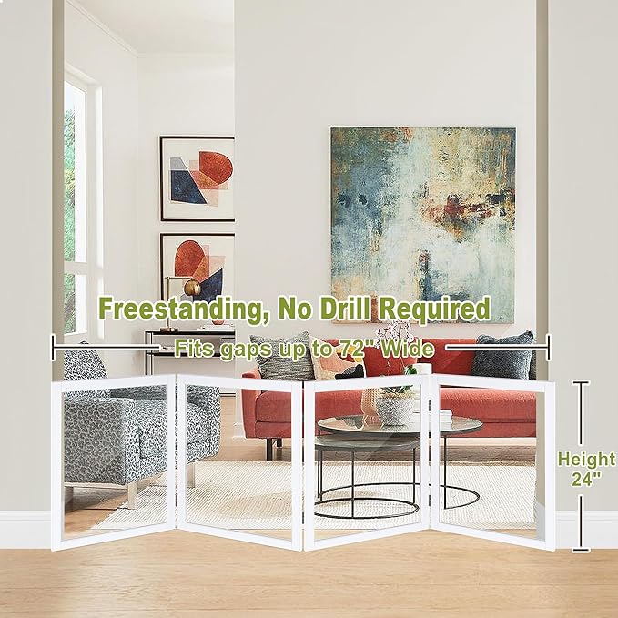 LZRS Extra-Wide Clear Dog Gate for Indoor Use - Transparent Pet Fence with Solid Hardwood and Plastic Board, Stylish & Durable freestanding Pet Gate for Doorways, Stairs and Hallways-4 Panel White