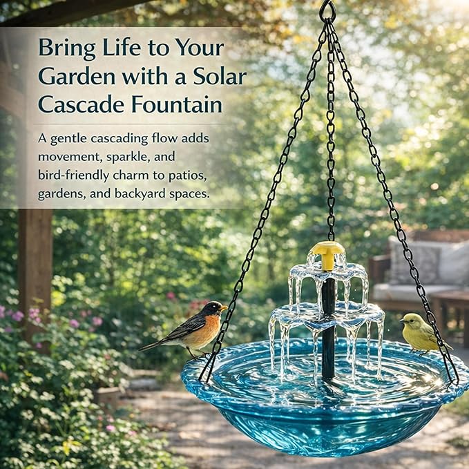 Solar Powered Hanging Bird Bath, Vibrant Blue Multi-Tier Waterfall Fountain for Outside, Easy to Hang Bird Oasis for Garden Decoration, Balcony, for Bird Lovers (Red)
