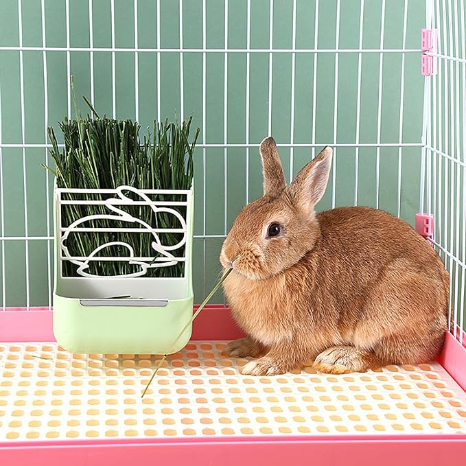 Rabbit Feeder, Hay Food Bin Feeder, Adjustable,Removable Grass Rack, Stainless Steel Edge, for Rabbit, Guinea Pig, Chinchilla (Green)
