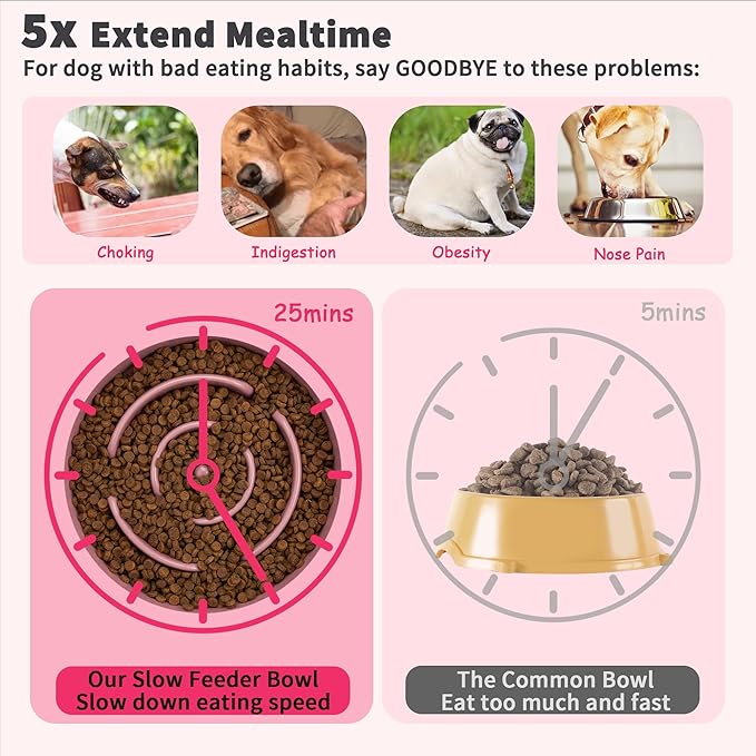 Elevated Slow Feeder Dog Bowl Large Breed, 8.8 Inch Ceramic Slow Eating Bowl with Bamboo Stand, Anti-Choking Raised Maze Design for Medium to Large Dogs, 3.2 Cup, Pink