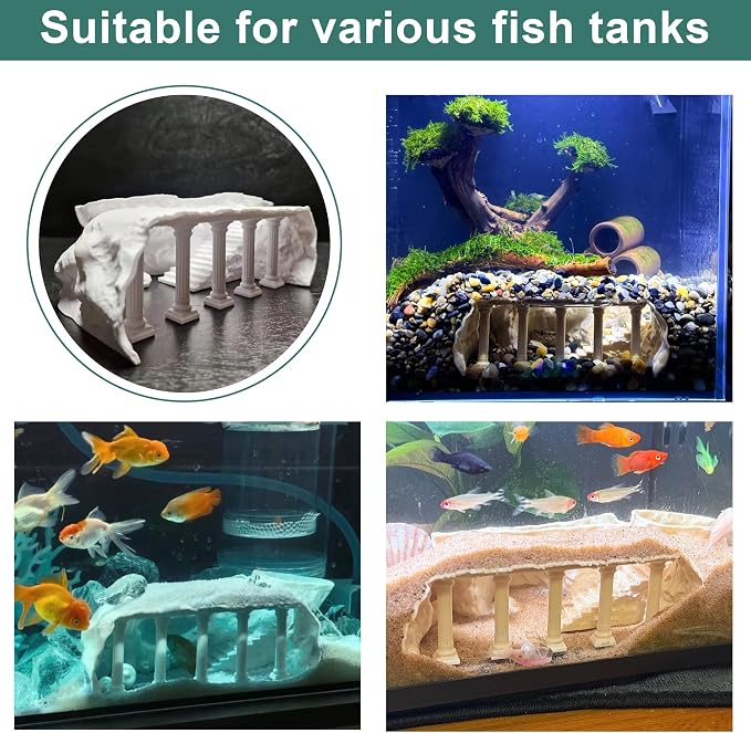 LIYAOLI Aquarium Ornaments Cave Tunnel with Viewing Ports | Fish Tank Decor Hideout for Pleco, Shrimp & Corydoras | Substrate-Friendly Design & Sinking Base (M - Roman Columns - White)