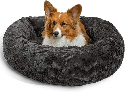 Best Friends by Sheri The Original Calming Donut Dog Bed for Medium Dogs up to 45 lbs, Lux Faux Fur, Mink Dark Gray, 30" x 30"